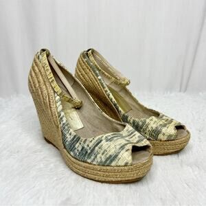JEAN-MICHEL CAZABAT / gold green espadrille peep toe ankle strap wedges / 37